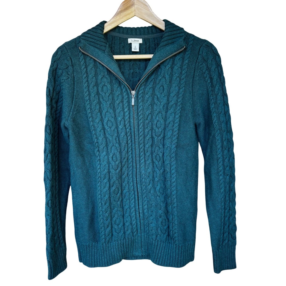 LL Bean Women Cableknit Zip Small Cardigan Sweater Teal Green Fisherman Coastal